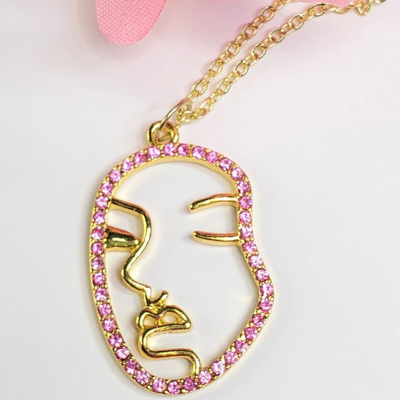 Pink Pave Crystal Abstract Face Necklace - Picture 1 of 9